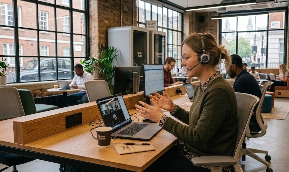 Professional woman on video call in modern open-plan office workspace with colleagues working at desks