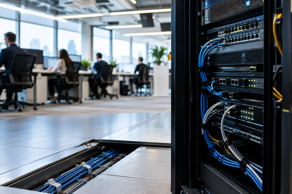 Modern office with open server rack and network cabling, employees working in background, bright and spacious environment