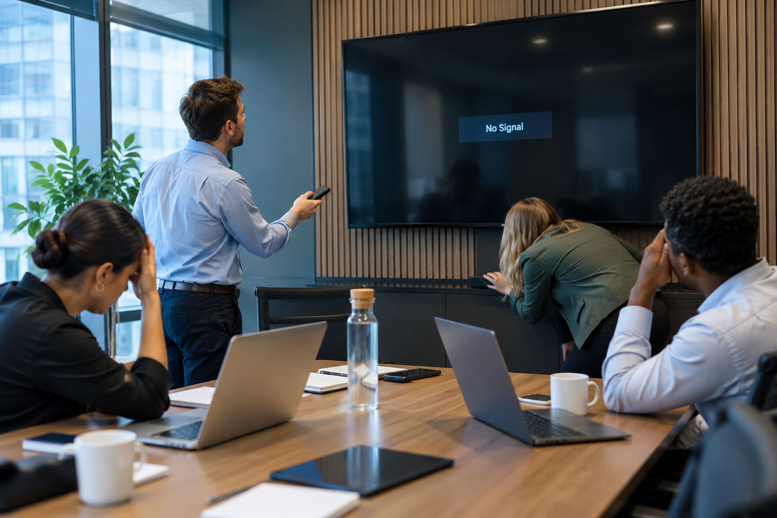 Team troubleshooting a no signal issue on a conference screen during a meeting in a modern office setting